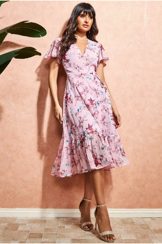Midi dresses with asymmetric hems for a fashion - forward and dynamic appearanceCity Goddess Wrap Flutter Sleeve Floral Midi Dress - Peach