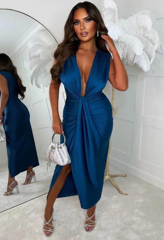 Midi dresses with off - the - shoulder necklines for a flirty lookCocktail Hour Teal Stretch Plunge Ruched Midi Dress Midi dresses with off - the - shoulder necklines for a flirty lookCocktail Hour Teal Stretch Plunge Ruched Midi Dress