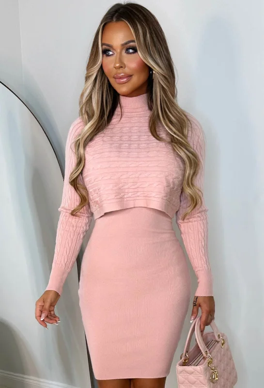 Sleeveless midi dresses with lace details for summer weddingsCosy In Cable Pink Ultra Soft Knitted 2-In-1 Jumper And Midi Dress