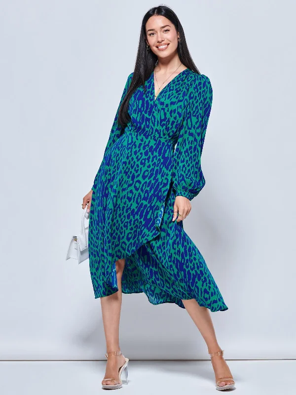 Midi dresses with cold - shoulder cutouts for a trendy styleCrepe Wrap Long Sleeve Midi Dress, Green Animal Midi dresses with cold - shoulder cutouts for a trendy styleCrepe Wrap Long Sleeve Midi Dress, Green Animal