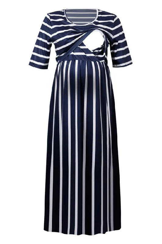 Midi dresses with button - front designs for a classic touchDark Navy Striped Maternity Dress Midi Nursing Dress Midi dresses with button - front designs for a classic touchDark Navy Striped Maternity Dress Midi Nursing Dress