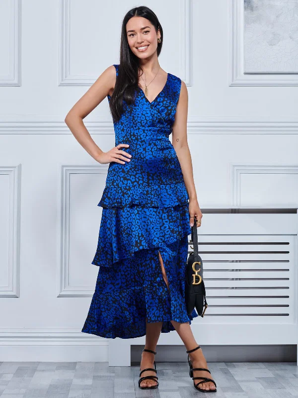 Midi dresses with tassel accents for a bohemian and free - spirited styleDella Crepe Frill Hem Maxi Dress, Blue Leopard Midi dresses with tassel accents for a bohemian and free - spirited styleDella Crepe Frill Hem Maxi Dress, Blue Leopard