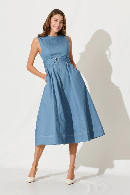 Doris Midi Dress In Blue Cotton