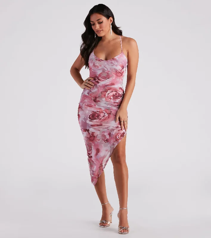 Midi dresses with lace - up fronts for a unique and adjustable styleDreamy Floral Ruched Mesh Midi Dress Midi dresses with lace - up fronts for a unique and adjustable styleDreamy Floral Ruched Mesh Midi Dress