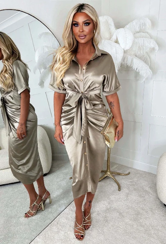 Midi dresses with denim fabric for a casual yet stylish day outElegant Luxury Taupe Stretch Satin Button Ruched Midi Dress Midi dresses with denim fabric for a casual yet stylish day outElegant Luxury Taupe Stretch Satin Button Ruched Midi Dress