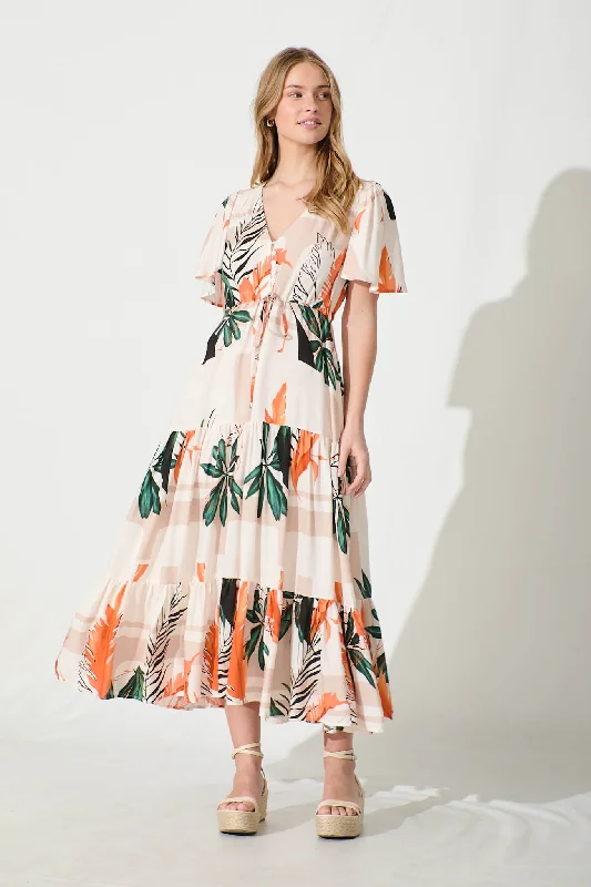 Sheath midi dresses with beaded embellishments for a formal occasionElina Midi Dress in Cream with Green and Orange Leaf Sheath midi dresses with beaded embellishments for a formal occasionElina Midi Dress in Cream with Green and Orange Leaf