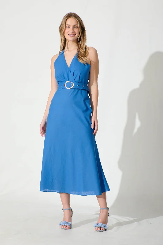 A - line midi dresses with floral prints for spring brunchesEvangeline Midi Dress in Blue Cotton A - line midi dresses with floral prints for spring brunchesEvangeline Midi Dress in Blue Cotton