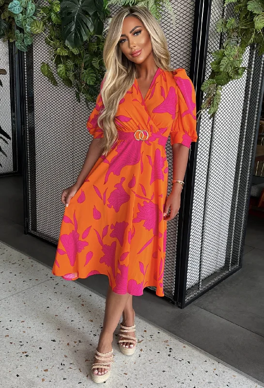 Midi dresses with V - necklines for a flattering and elongating effectFashion Moment Pink Floral Buckle Detail Midi Dress Midi dresses with V - necklines for a flattering and elongating effectFashion Moment Pink Floral Buckle Detail Midi Dress