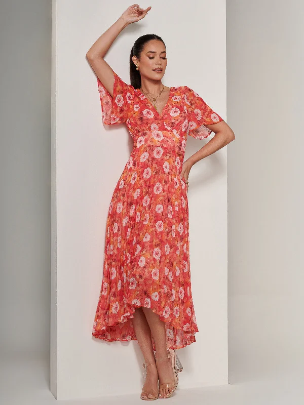Midi dresses with printed lining for a hidden and stylish detailFloral Pleated Chiffon Dip Hem Dress, Orange Multi Midi dresses with printed lining for a hidden and stylish detailFloral Pleated Chiffon Dip Hem Dress, Orange Multi