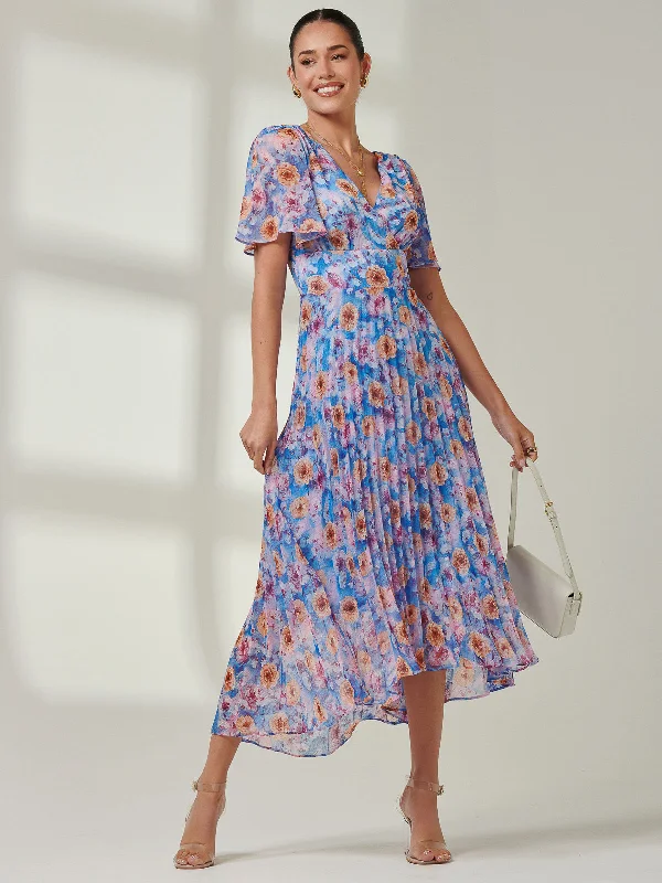Midi dresses with ruffled sleeves for a more feminine and voluminous lookFloral Pleated Chiffon Dip Hem Dress, Blue Multi Midi dresses with ruffled sleeves for a more feminine and voluminous lookFloral Pleated Chiffon Dip Hem Dress, Blue Multi