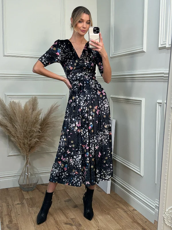 Midi dresses with wrap - around skirts for a customizable fitFloral Print Velvet Maxi Dress, Black Butterfly Midi dresses with wrap - around skirts for a customizable fitFloral Print Velvet Maxi Dress, Black Butterfly
