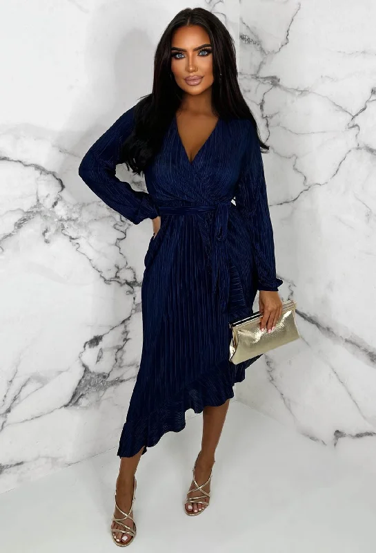 Midi dresses with embroidered accents for a unique and detailed designFor The Frills Navy Stretch Belted Plisse Frill Hem Wrap Midi Dress Midi dresses with embroidered accents for a unique and detailed designFor The Frills Navy Stretch Belted Plisse Frill Hem Wrap Midi Dress