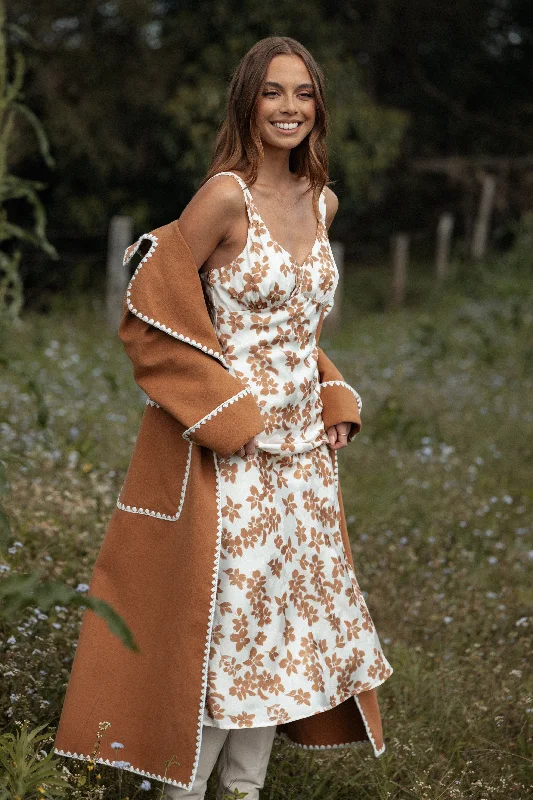 Midi dresses with cotton - blend materials for everyday comfortFranny Midi Dress - Cream Brown Floral Midi dresses with cotton - blend materials for everyday comfortFranny Midi Dress - Cream Brown Floral