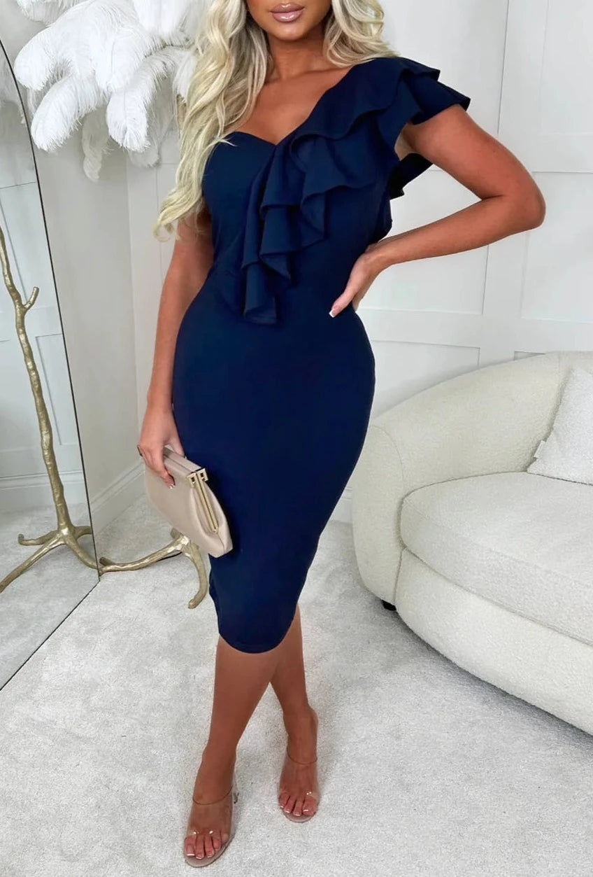 Sleeveless midi dresses with lace details for summer weddingsFrilling Affair Navy Stretch One Shoulder Frill Midi Dress Sleeveless midi dresses with lace details for summer weddingsFrilling Affair Navy Stretch One Shoulder Frill Midi Dress