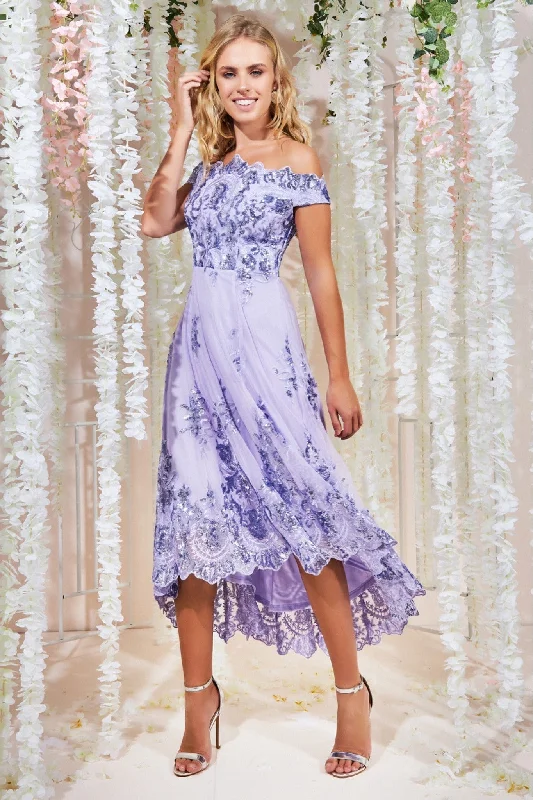 Midi dresses with pleated skirts for a timeless and elegant appealGoddiva Bardot Sequin & Lace High Low Midi - Lilac