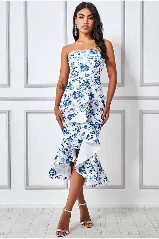 Midi dresses with mesh inserts for a trendy and breathable optionGoddiva Bow Bandeau Midi With Ruffles - Blue Print Midi dresses with mesh inserts for a trendy and breathable optionGoddiva Bow Bandeau Midi With Ruffles - Blue Print