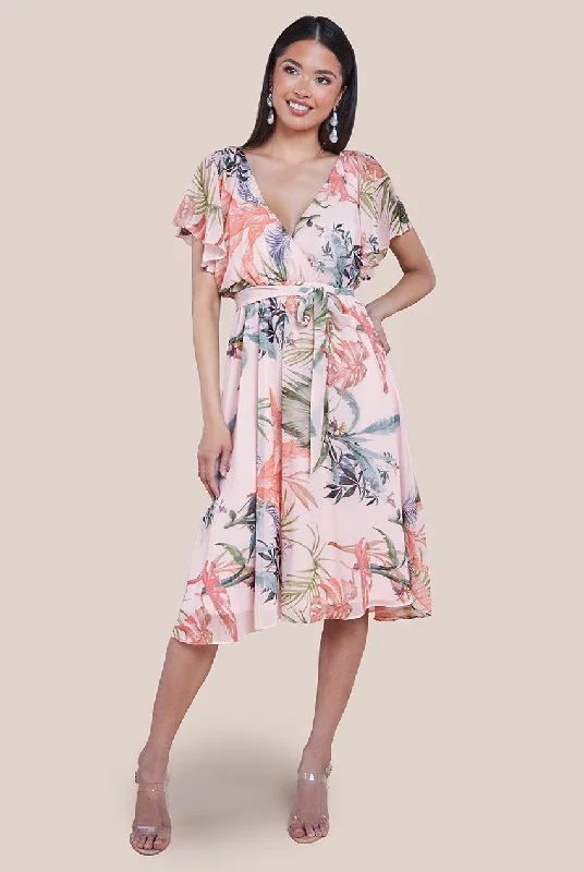 Midi dresses with ruched sleeves for a more fitted and stylish arm lookGoddiva Floral Printed Flutter Sleeve Chiffon Midi Dress - Off White Midi dresses with ruched sleeves for a more fitted and stylish arm lookGoddiva Floral Printed Flutter Sleeve Chiffon Midi Dress - Off White