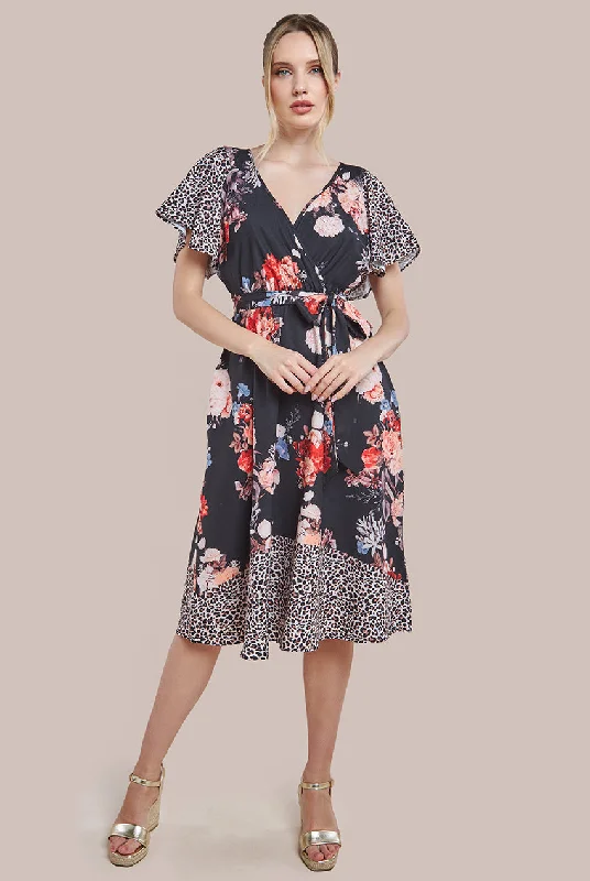 Wrap - style midi dresses in silk for a sophisticated office lookGoddiva Flutter Sleeve Printed Midi Dress - Leopard Print Wrap - style midi dresses in silk for a sophisticated office lookGoddiva Flutter Sleeve Printed Midi Dress - Leopard Print