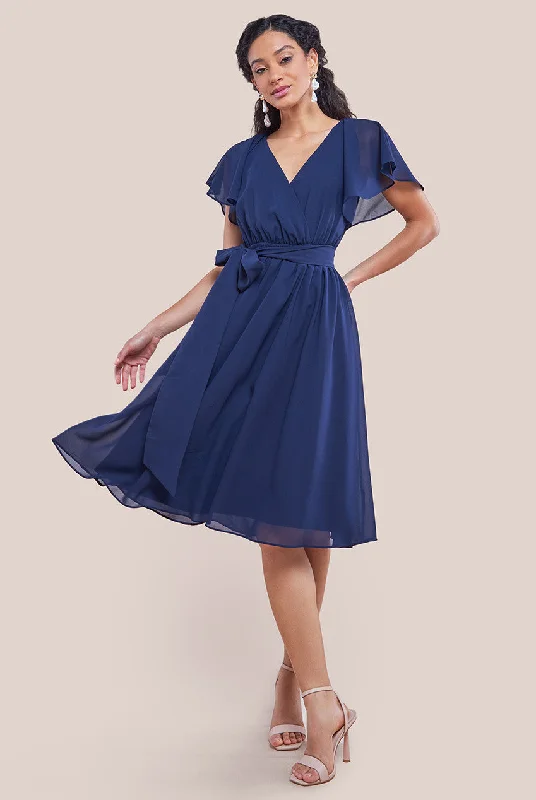 Midi dresses with cotton - blend materials for everyday comfortGoddiva Sustainable Flutter Sleeve Chiffon Wrap Midi Dress - Navy Midi dresses with cotton - blend materials for everyday comfortGoddiva Sustainable Flutter Sleeve Chiffon Wrap Midi Dress - Navy
