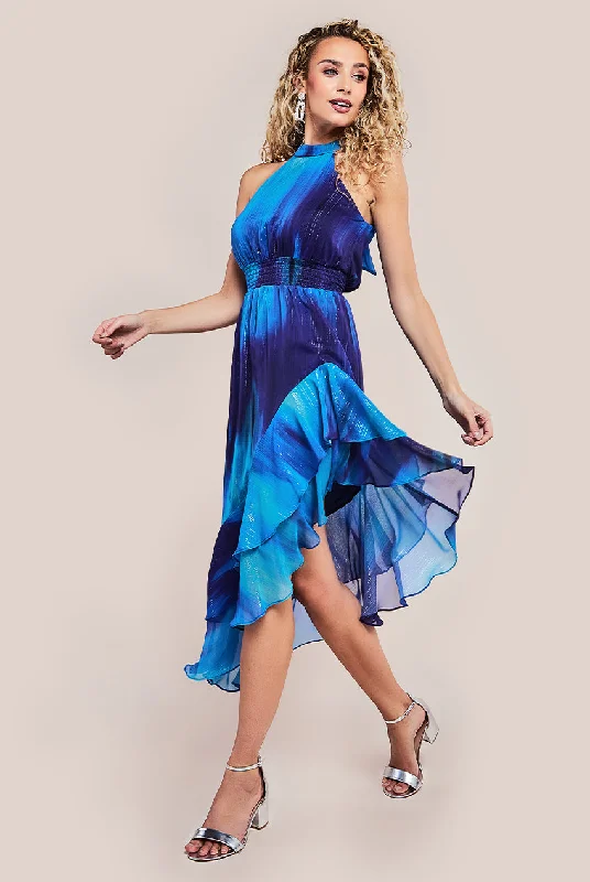 Midi dresses with lace - up fronts for a unique and adjustable styleGoddiva Halter Neck Chiffon Tie Midaxi Dress - Navy Midi dresses with lace - up fronts for a unique and adjustable styleGoddiva Halter Neck Chiffon Tie Midaxi Dress - Navy