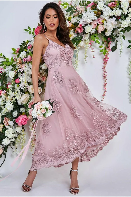 Midi dresses with metallic threads for a glamorous evening eventGoddiva High Low Scalloped Midi Dress - Blush Midi dresses with metallic threads for a glamorous evening eventGoddiva High Low Scalloped Midi Dress - Blush