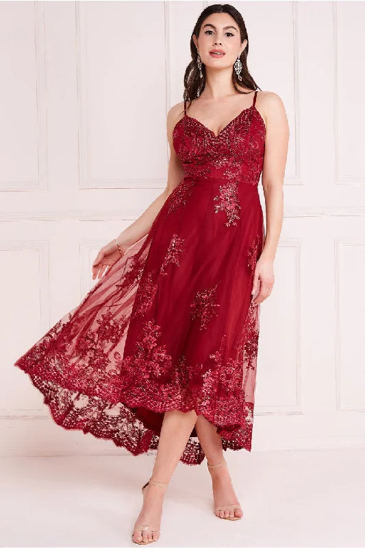 High - low midi dresses with geometric patterns for a modern partyGoddiva High Low Scalloped Midi Dress - Burgundy High - low midi dresses with geometric patterns for a modern partyGoddiva High Low Scalloped Midi Dress - Burgundy