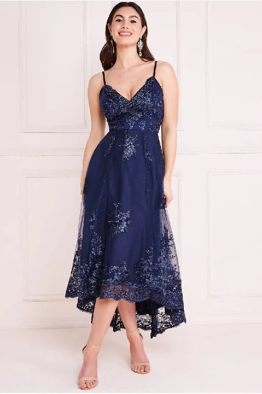 Midi dresses with gathered skirts for a full and flowing silhouetteGoddiva High Low Scalloped Midi Dress - Navy Midi dresses with gathered skirts for a full and flowing silhouetteGoddiva High Low Scalloped Midi Dress - Navy