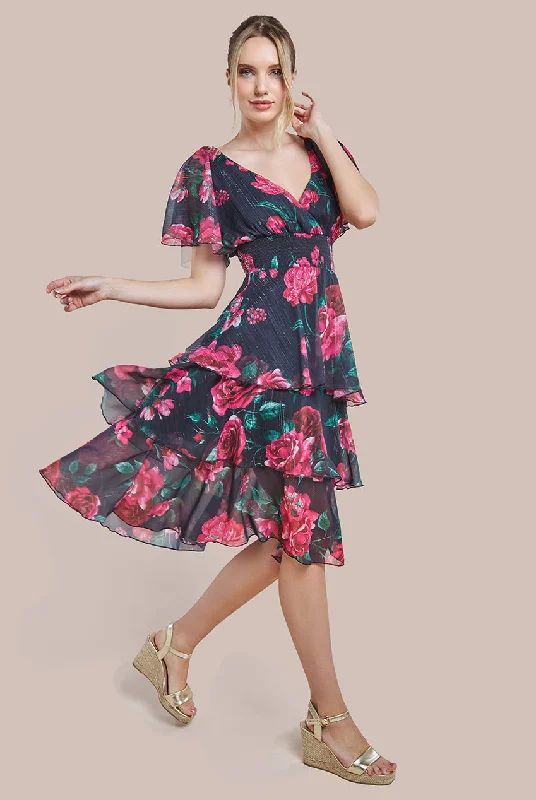 Midi dresses with ruffled bodices for a more pronounced feminine lookGoddiva Layered Floral Midi Flutter Sleeves - Blackfloral Midi dresses with ruffled bodices for a more pronounced feminine lookGoddiva Layered Floral Midi Flutter Sleeves - Blackfloral