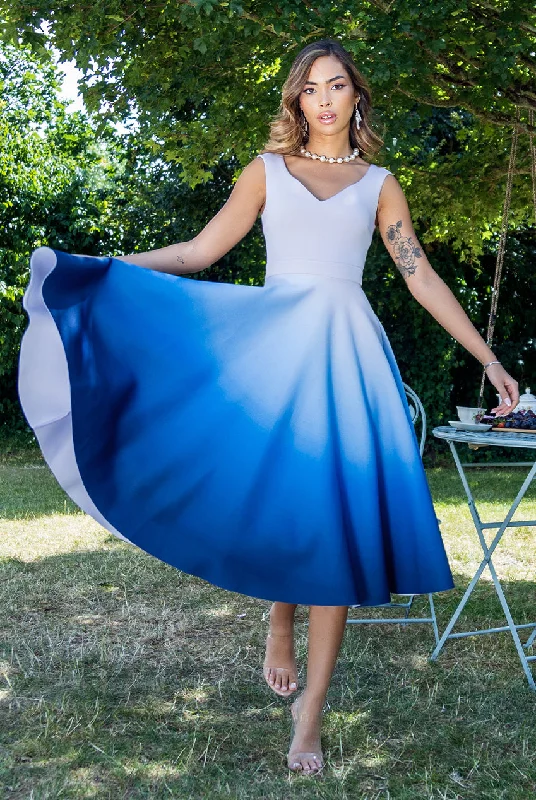 Midi dresses with ruffled sleeves for a more feminine and voluminous lookGoddiva Ombre Scuba Foam Bardot A-Line Midi Dress - Light Blue Midi dresses with ruffled sleeves for a more feminine and voluminous lookGoddiva Ombre Scuba Foam Bardot A-Line Midi Dress - Light Blue