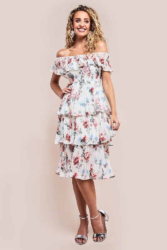 Wrap - style midi dresses in silk for a sophisticated office lookGoddiva Pleated Bodice Chiffon Tiered Midi Dress - Cream Wrap - style midi dresses in silk for a sophisticated office lookGoddiva Pleated Bodice Chiffon Tiered Midi Dress - Cream
