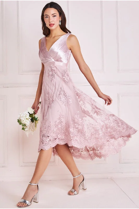 Midi dresses with bow accents for a sweet and charming lookGoddiva Pleated Satin V Neck High And Low Midi - Pink