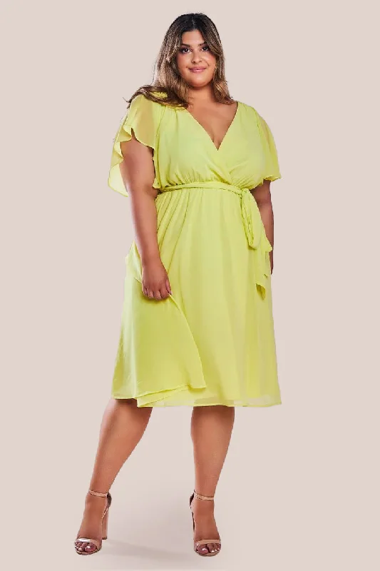Midi dresses with tassel accents for a bohemian and free - spirited styleGoddiva Plus Flutter Sleeve Wrap Midi Dress - Soft Lemon Midi dresses with tassel accents for a bohemian and free - spirited styleGoddiva Plus Flutter Sleeve Wrap Midi Dress - Soft Lemon