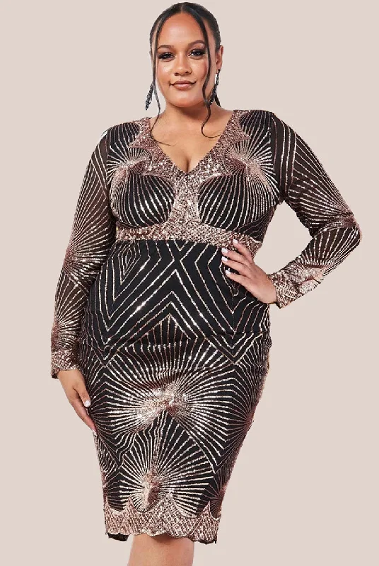 Midi dresses with asymmetric hems for a fashion - forward and dynamic appearanceGoddiva Plus Scalloped Hem Starburst Midi Dress - Rose Gold Midi dresses with asymmetric hems for a fashion - forward and dynamic appearanceGoddiva Plus Scalloped Hem Starburst Midi Dress - Rose Gold