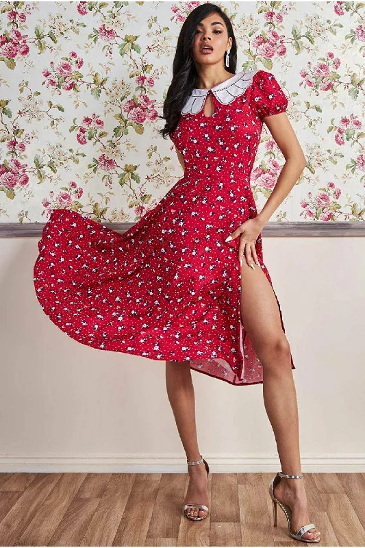 Midi dresses with asymmetric hems for a fashion - forward and dynamic appearanceGoddiva Printed Midi With Front Split - Red Midi dresses with asymmetric hems for a fashion - forward and dynamic appearanceGoddiva Printed Midi With Front Split - Red