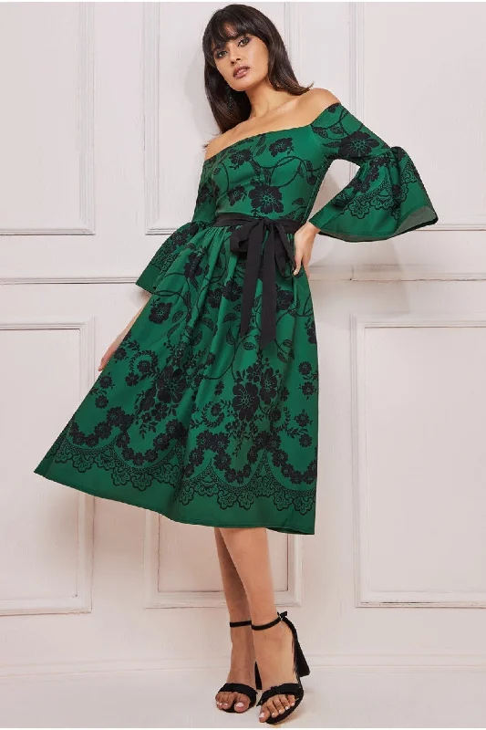 Midi dresses with V - necklines for a flattering and elongating effectGoddiva Printed Off The Shoulder Midi Dress - Emerald Green Midi dresses with V - necklines for a flattering and elongating effectGoddiva Printed Off The Shoulder Midi Dress - Emerald Green