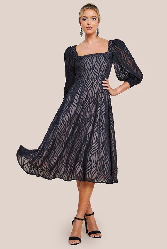 Midi dresses with button - front designs for a classic touchGoddiva Puff Sleeve Side Slit Flared Jacquard Chiffon Midi Dress - Black Midi dresses with button - front designs for a classic touchGoddiva Puff Sleeve Side Slit Flared Jacquard Chiffon Midi Dress - Black