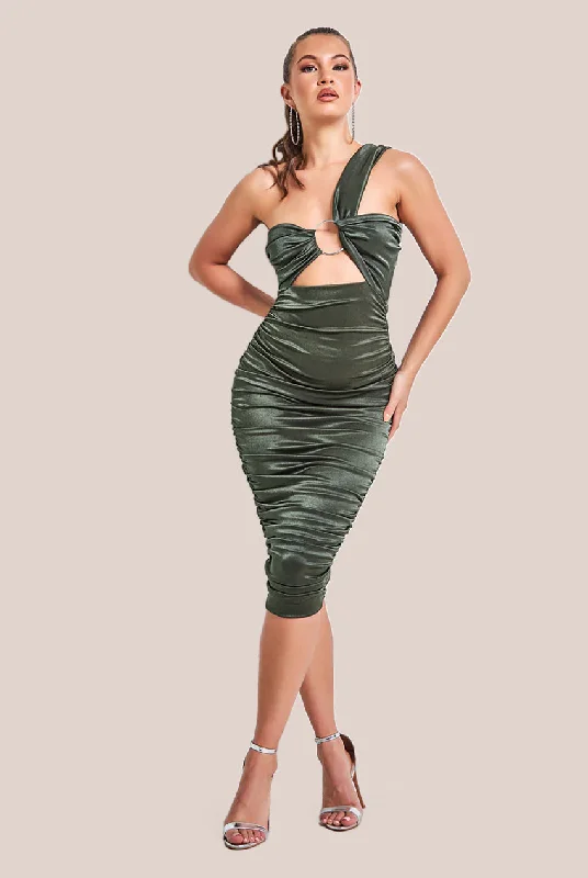 Midi dresses with empire waists for a flattering maternity optionGoddiva Ring Detail One Shoulder Ruched Midi - Khaki Midi dresses with empire waists for a flattering maternity optionGoddiva Ring Detail One Shoulder Ruched Midi - Khaki