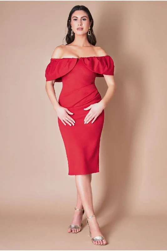 Midi dresses with satin - finish fabrics for a luxurious feelGoddiva Scuba Crepe Pleated Bardot Midi - Red Midi dresses with satin - finish fabrics for a luxurious feelGoddiva Scuba Crepe Pleated Bardot Midi - Red