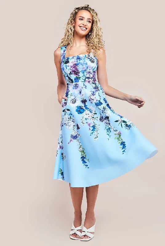 Midi dresses with satin - finish fabrics for a luxurious feelGoddiva Scuba Foam Floral Midi Dress - Blue Midi dresses with satin - finish fabrics for a luxurious feelGoddiva Scuba Foam Floral Midi Dress - Blue