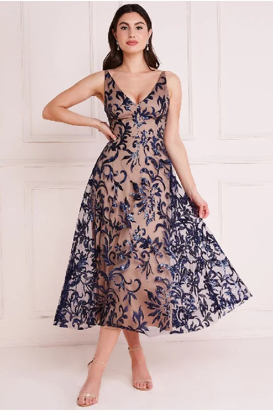 Midi dresses with bow accents for a sweet and charming lookGoddiva Sequin Mesh V-Neck Flared Skirt Midi - Navy Midi dresses with bow accents for a sweet and charming lookGoddiva Sequin Mesh V-Neck Flared Skirt Midi - Navy