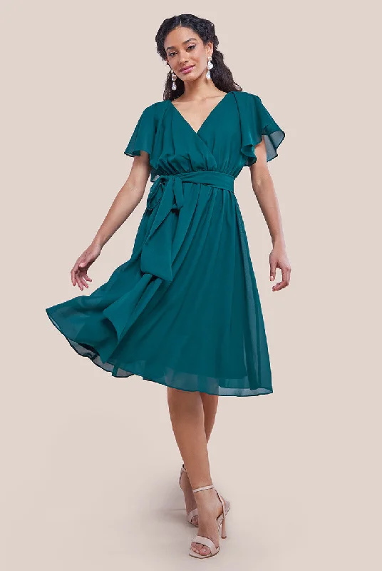 Midi dresses with cold - shoulder cutouts for a trendy styleGoddiva Sustainable Flutter Sleeve Chiffon Wrap Midi Dress - Green