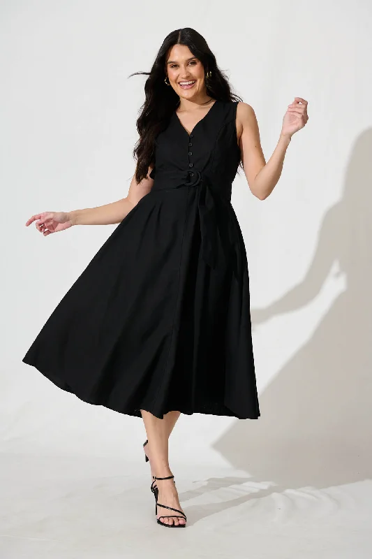 Midi dresses with V - necklines for a flattering and elongating effectIliya Midi Dress in Black Cotton Linen