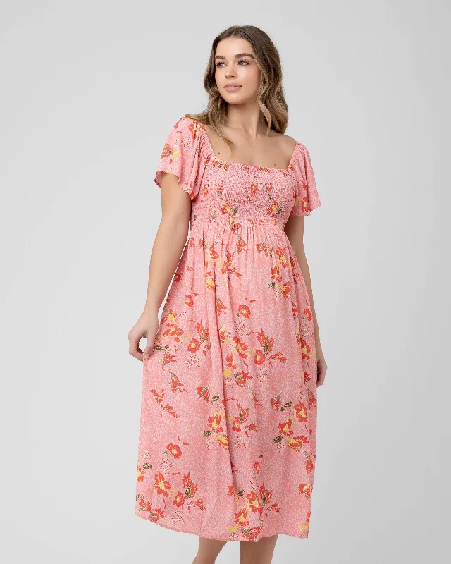 Midi dresses with V - necklines for a flattering and elongating effectLibby Smocked Dress Pink Midi dresses with V - necklines for a flattering and elongating effectLibby Smocked Dress Pink