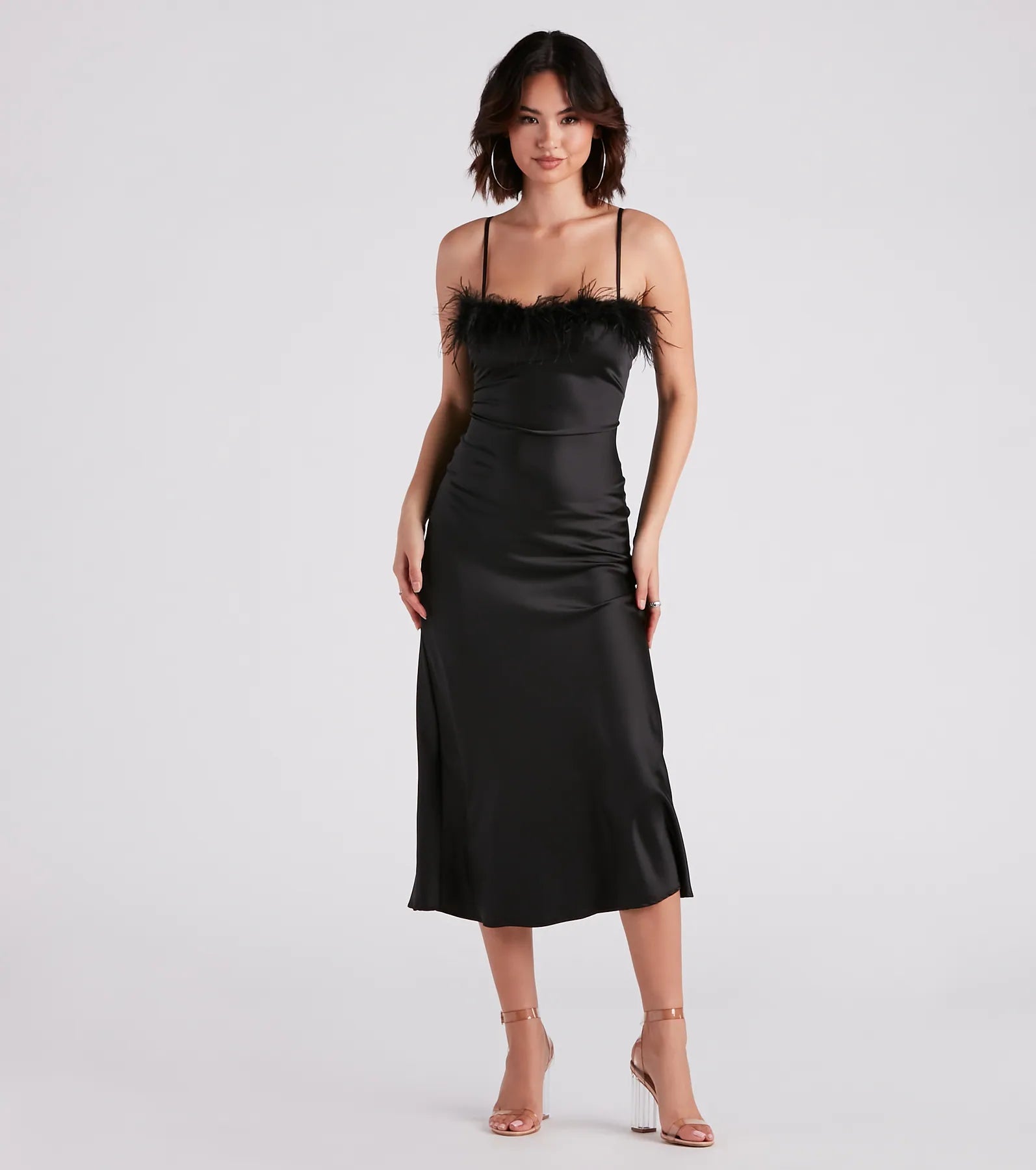 Midi dresses with bow accents for a sweet and charming lookLizzy Feather Trim Satin Slip Dress Midi dresses with bow accents for a sweet and charming lookLizzy Feather Trim Satin Slip Dress