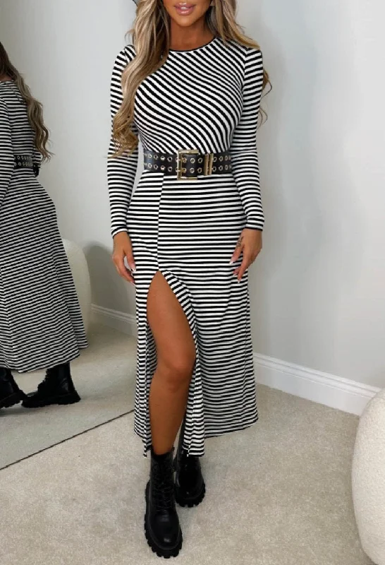 Midi dresses with empire waists for a flattering maternity optionLove On The Line Monochrome Striped Long Sleeve Stretch Midi Dress Midi dresses with empire waists for a flattering maternity optionLove On The Line Monochrome Striped Long Sleeve Stretch Midi Dress