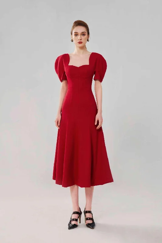 Midi dresses with one - shoulder designs for a modern and asymmetric styleLucinda A-line Puffy Sleeved Wool Twill Midi Dress Midi dresses with one - shoulder designs for a modern and asymmetric styleLucinda A-line Puffy Sleeved Wool Twill Midi Dress