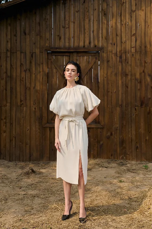 Lumia Straight Puffy Sleeved Twill Midi Dress