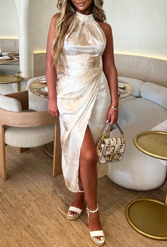 Midi dresses with tiered skirts for a bohemian festival lookLuxury Moment Beige Satin Printed Ruched Halterneck Midi Dress Midi dresses with tiered skirts for a bohemian festival lookLuxury Moment Beige Satin Printed Ruched Halterneck Midi Dress