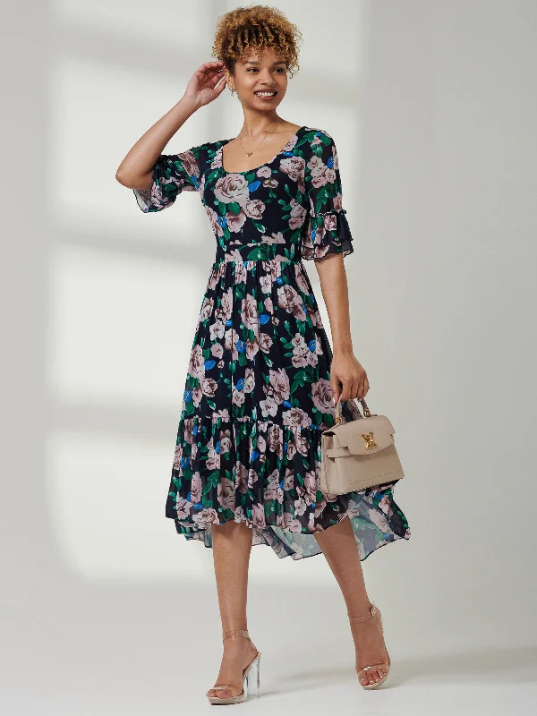 Midi dresses with pleated bodices for a classic and tailored lookMaab Mesh Ruffle Sleeve Midi Dress, Navy Floral Midi dresses with pleated bodices for a classic and tailored lookMaab Mesh Ruffle Sleeve Midi Dress, Navy Floral