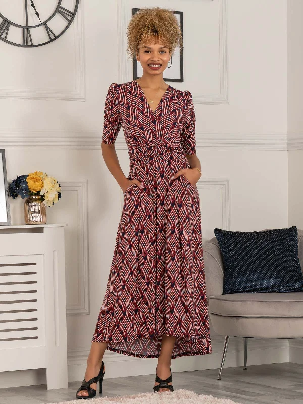 Midi dresses with ruffled hems for a romantic date nightMaanasi Ruched Sleeve Jersey Maxi Dress, Red Abstract Midi dresses with ruffled hems for a romantic date nightMaanasi Ruched Sleeve Jersey Maxi Dress, Red Abstract